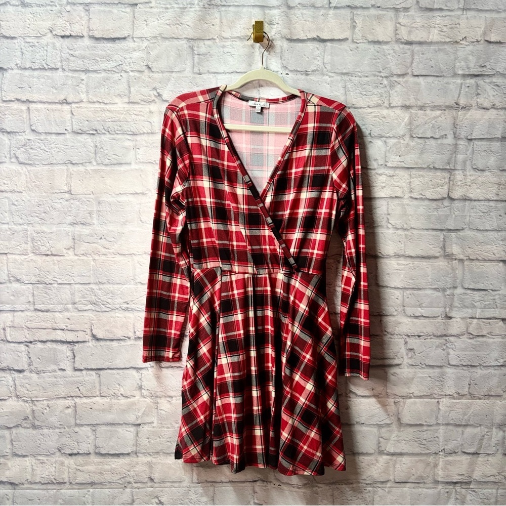 White Birch Red Plaid Long Sleeve Dress